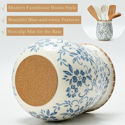 Utensil Holder for Kitchen Counter, Modern Farmhouse Cooking Utensil Holder and Crock Home Kitchen Decor, Ceramic Utensil Organizer for Spatula, Ladle, Eggbeater, Rolling Pin- Blue and White Porcelain