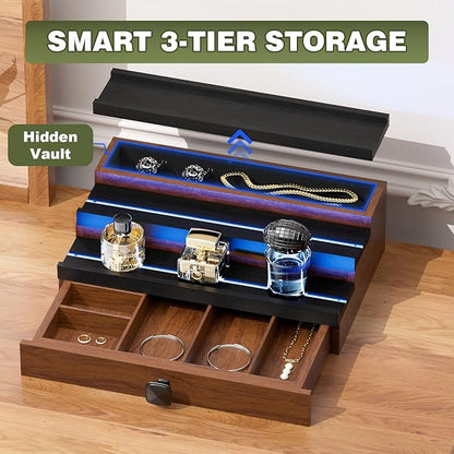 Perfume Cologne Organizer for Men: with LED Light 3 Tier Wooden Perfumes Stand, Desktop Parfum Holder Wood Display Shelf with Cabinet, Bedroom Makeup Lotion Jewelry Storage Rack with Drawer