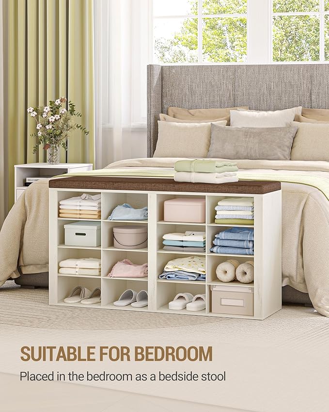 Hzuaneri Shoe Bench with Cushion, Entryway Storage Bench with 16 Cubbies, Cubby Shoe Rack with Adjustable Shelves, Shoe Organizer Cabinet for Living Room, Bedroom, Entryway, Rustic White SB25614KA