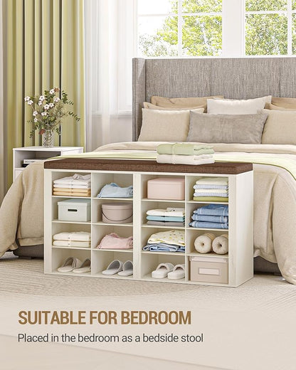 Hzuaneri Shoe Bench with Cushion, Entryway Storage Bench with 16 Cubbies, Cubby Shoe Rack with Adjustable Shelves, Shoe Organizer Cabinet for Living Room, Bedroom, Entryway, Rustic White SB25614KA