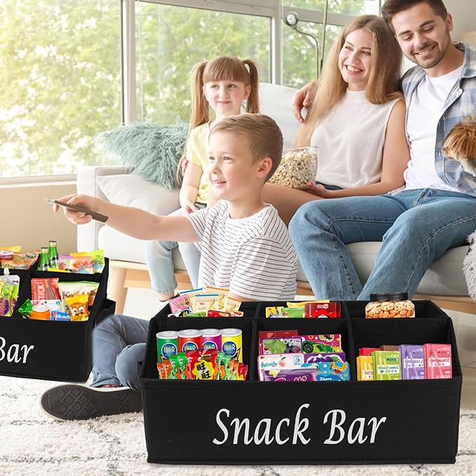 Snack Organizer for Countertop, 6 Compartment Snack Storage with Side Handles, 2 Pack Fabric Snack Basket Container, Lightweight Snack Bar Station Organizer, Kitchen Pantry Storage - Black