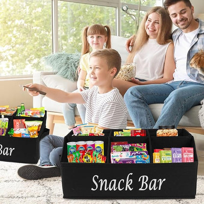 Snack Organizer for Countertop, 6 Compartment Snack Storage with Side Handles, 2 Pack Fabric Snack Basket Container, Lightweight Snack Bar Station Organizer, Kitchen Pantry Storage - Black
