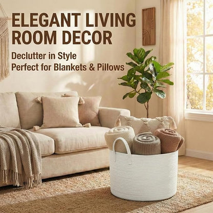 JMvicyroam 115L Extra Large Blanket Basket for Living Room - Woven Cotton Rope Laundry Hamper with Reinforced Handles - Storage Bin for Pillows, Comforters & Toys - Machine Washable,White