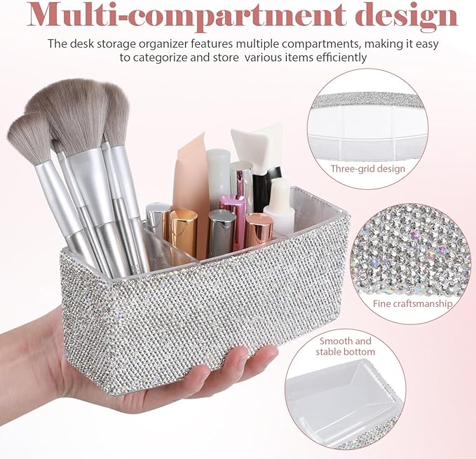 TEHAUX Bling Makeup Organizer for Vanity with 3 Compartments Rectangular Cosmetic Storage Box for Desk Makeup Brushes Lipsticks - Elegant Rhinestone Design 2.87 X 7.28 X 2.87 Inches