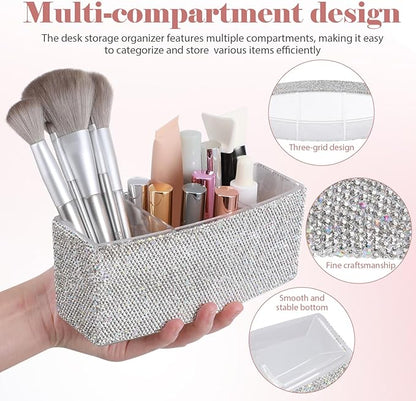 TEHAUX Bling Makeup Organizer for Vanity with 3 Compartments Rectangular Cosmetic Storage Box for Desk Makeup Brushes Lipsticks - Elegant Rhinestone Design 2.87 X 7.28 X 2.87 Inches