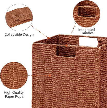 Vagusicc Wicker Storage Basket, Set of 2 Hand-Woven Paper Rope Wicker Basket, Foldable Cube Storage Bins, Square Large Storage Baskets for Organizing Shelves & Decor, Orange (13″×13″×13″)
