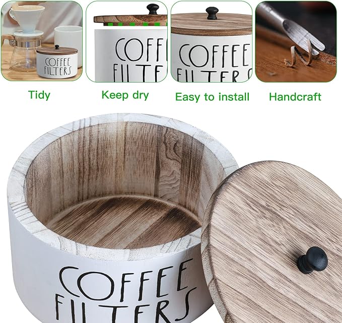 MINCORD Wooden Coffee Filter Holder With Lid - Rustic Storage Container and Dispenser Basket for Coffee Bar Decor, Farmhouse Accessories - White