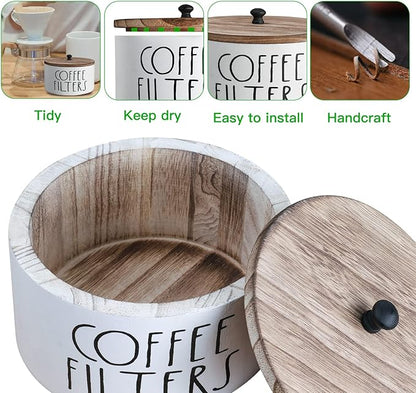 MINCORD Wooden Coffee Filter Holder With Lid - Rustic Storage Container and Dispenser Basket for Coffee Bar Decor, Farmhouse Accessories - White
