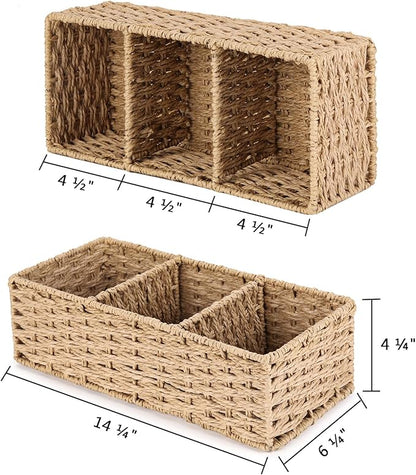 Vagusicc 3-Section Wicker Baskets for Shelves, Hand-Woven Round Paper Rope Wicker Storage Basket, Toilet Paper Basket for Toilet Tank Top, Baskets for Organizing, 2-Pack