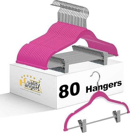 80 Pack Pink Quality Plastic Non Velvet Non-Flocked Thin Compact Coat Hangers with Metal Clips for Skirts Pants Blouses 360° Swivel Hook