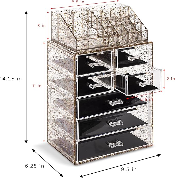 Sorbus Acrylic Makeup Organizer Set, 7-Drawer Vanity & Countertop Cosmetic Storage with Small & Wide Compartments, Glitter Makeup Storage for Brushes, Jewelry – Holiday Gift for Women & Teens