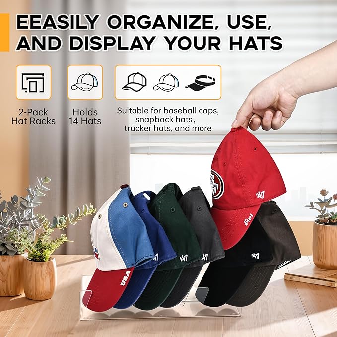 Hat Organizer for Baseball Caps 2PCS No Install Acrylic Hat Storage Organizer Stand for 14 Baseball Caps Hat Racks Holder Display with 12 Rubber Feet for Bedroom, Closet, Dresser,Entrance