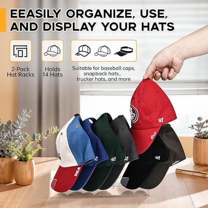 Hat Organizer for Baseball Caps 2PCS No Install Acrylic Hat Storage Organizer Stand for 14 Baseball Caps Hat Racks Holder Display with 12 Rubber Feet for Bedroom, Closet, Dresser,Entrance