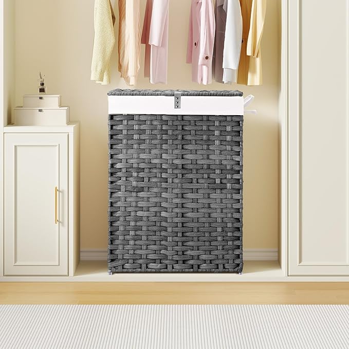 Greenstell Laundry Hamper with Lid, 90L Clothes Hamper with 2 Removable Liner Bags & 2 Mesh Laundry Bags, Handwoven Synthetic Rattan Laundry Basket for Clothes, Toys in Bathroom, Bedroom Grey