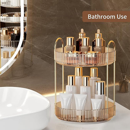 YCIA&DONE 360 Rotating Makeup Organizer and Storage for Vanity Countertop 2 Tiers, High Capacity Cosmetic Skincare Perfume Organizers for Dresser Bathroom Lazy Susan (Amber Gold)
