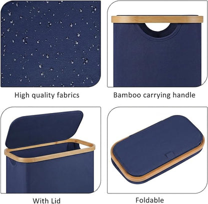 Slim Laundry Basket,60L Laundry Hamper with Lid, Tall Hamper for Laundry,Dirty Cloth Hamper with Bamboo Handle for Toys,Towels, Clothes Organizing, Navy Blue