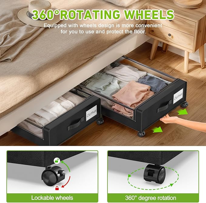 Molutsody Under Bed Storage with Wheels, 2-Pack Underbed Storage Containers with Clear Lids, Under Bed Shoe Storage Organizer, Rolling Under the Bed Storage Bins for Clothes Shoes Blankets (Black)