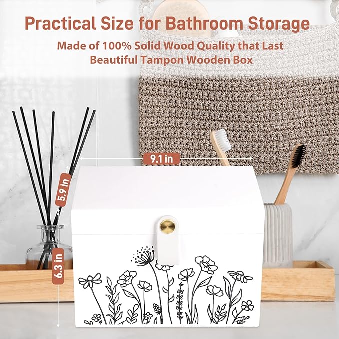 100% Solid Wood Tampon Holder Box with Lid, Copper Leather Pull, Absolute Real Wood Bathroom Decorative Box for Feminine Product Storage and Accessories such as Tampons, Cotton Balls, Gifts for Women
