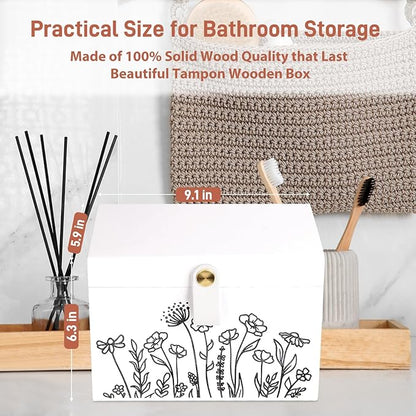 100% Solid Wood Tampon Holder Box with Lid, Copper Leather Pull, Absolute Real Wood Bathroom Decorative Box for Feminine Product Storage and Accessories such as Tampons, Cotton Balls, Gifts for Women