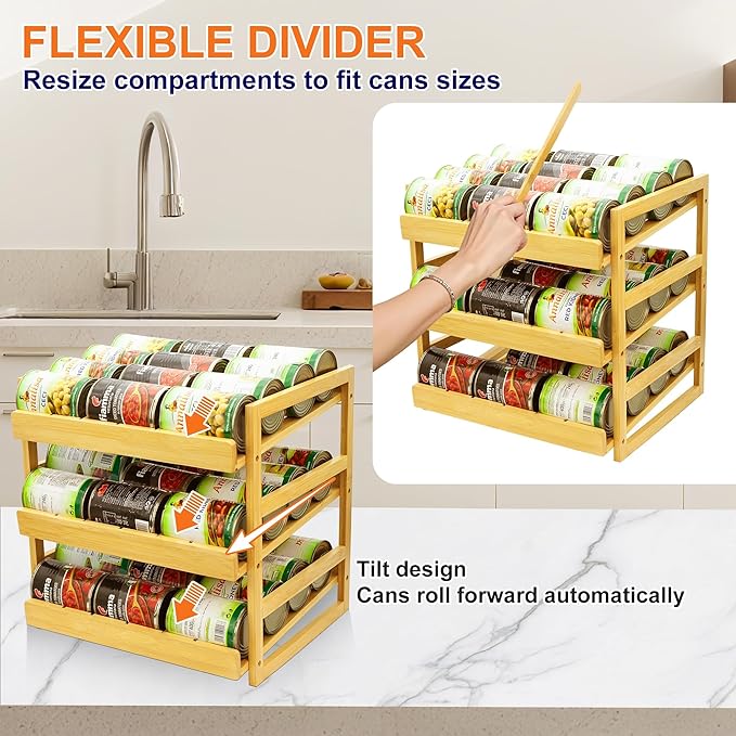 MinBoo Bamboo Can Organizer for Pantry - Stackable Can Dispensers for 36 Cans, Canned Food Storage, Pantry Shelf, Kitchen Cabinet or Countertop