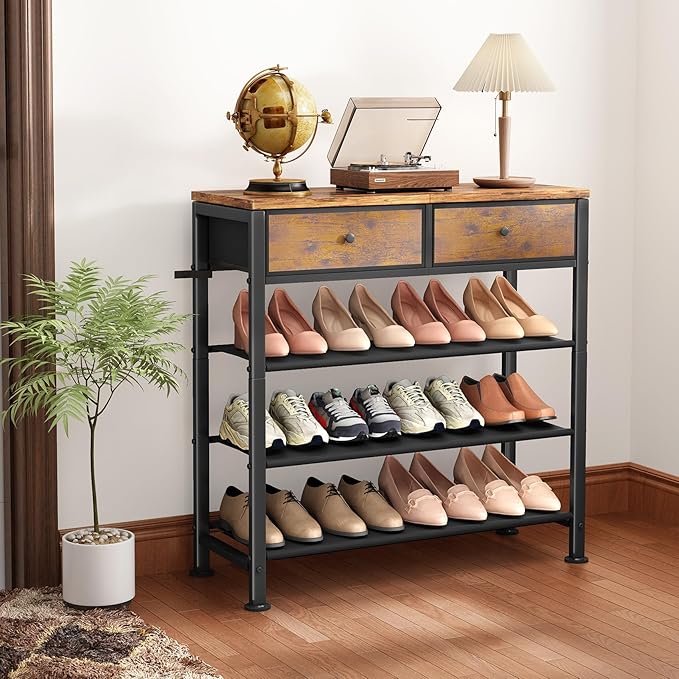 Kitstorack Shoe Rack, 4 Tier Shoe Organizer for 9-12 Pairs of Shoes, with 2 Drawers, 3 Fabric Shelves and Wooden Top, Shoe Rack for Closet Entryway, Rustic Brown