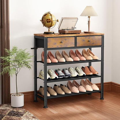 Kitstorack Shoe Rack, 4 Tier Shoe Organizer for 9-12 Pairs of Shoes, with 2 Drawers, 3 Fabric Shelves and Wooden Top, Shoe Rack for Closet Entryway, Rustic Brown