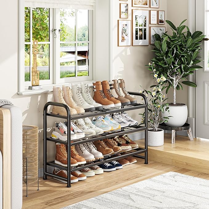 Simple Trending 3-Tier Expandable Shoe Rack, Adjustable & Stackable Shoe Organizer, Heavy Duty Metal Free Standing Shoe Shelf Storage for Closet Entryway Doorway, Black