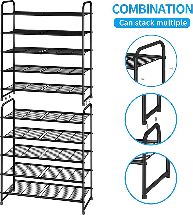 Simple Trending 5-Tier Stackable Shoe Rack, Expandable & Adjustable Shoe Organizer Storage Shelf, Wire Grid, Black