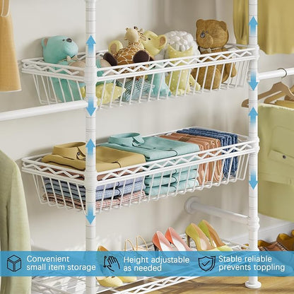 Timate X3i Garment Rack for Hanging Clothes Load 980lbs, Expandable Wall Mounted Closet System with Baskets Industrial Pipe Heavy Duty Clothes Rack Walk in Closet, Adjustable from 5'10" to 8'3", White