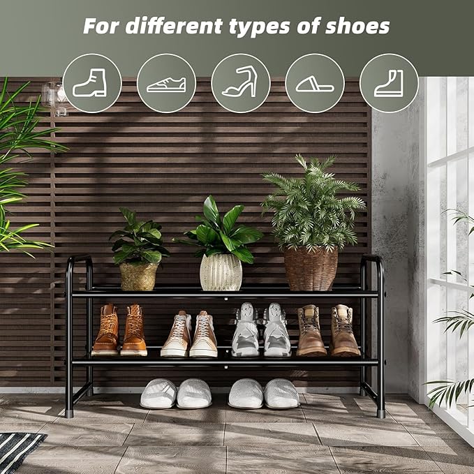 Standard Shoe Rack 2-Tier 32.5 Inches Wide, Shoe Organizer for Indoor Outdoor | Adjustable Metal Mesh Shelf Ideal for Home Entryway Closet & Garage Balcony | Black