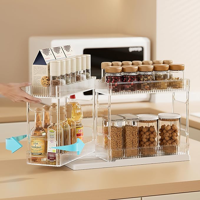 Mustorn Pull Out Spice Rack Organizer for Cabinet, Rotatable 2 Tier Slide Out Seasoning Organizer and Storage Adhesive Vertical Spice Rack Shelf Pullout for Kitchen Cabinets(2 Drawer, Acrylic)