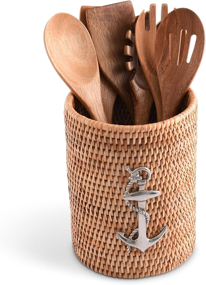 Vagabond House Utensil Holder - Large, Durable, Eco-Friendly Wicker Rattan Crock with Pewter Anchor - Versatile Kitchen Organizer, Perfect for Coastal Kitchen, Beach Themed Office - Boho Decor 8 Inch