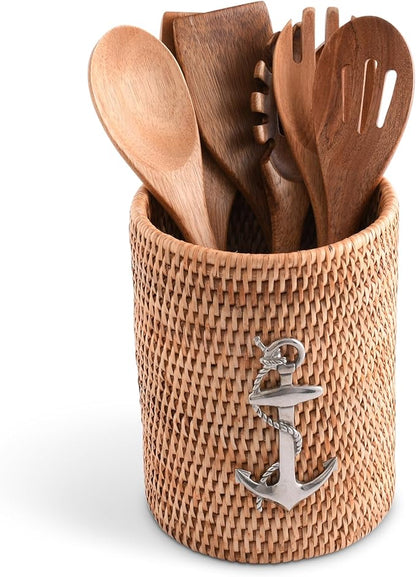 Vagabond House Utensil Holder - Large, Durable, Eco-Friendly Wicker Rattan Crock with Pewter Anchor - Versatile Kitchen Organizer, Perfect for Coastal Kitchen, Beach Themed Office - Boho Decor 8 Inch