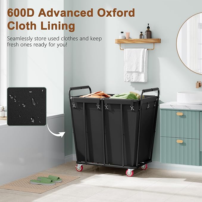 Hoctieon 2 Section Laundry Sorter Cart, 400L Rolling Hamper with Wheels, Industrial Laundry Basket Organizer, Extra Large Dirty Clothes Hamper for Home & Hotel, Heavy Duty, Black