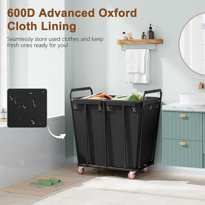 Hoctieon 2 Section Laundry Sorter Cart, 400L Rolling Hamper with Wheels, Industrial Laundry Basket Organizer, Extra Large Dirty Clothes Hamper for Home & Hotel, Heavy Duty, Black