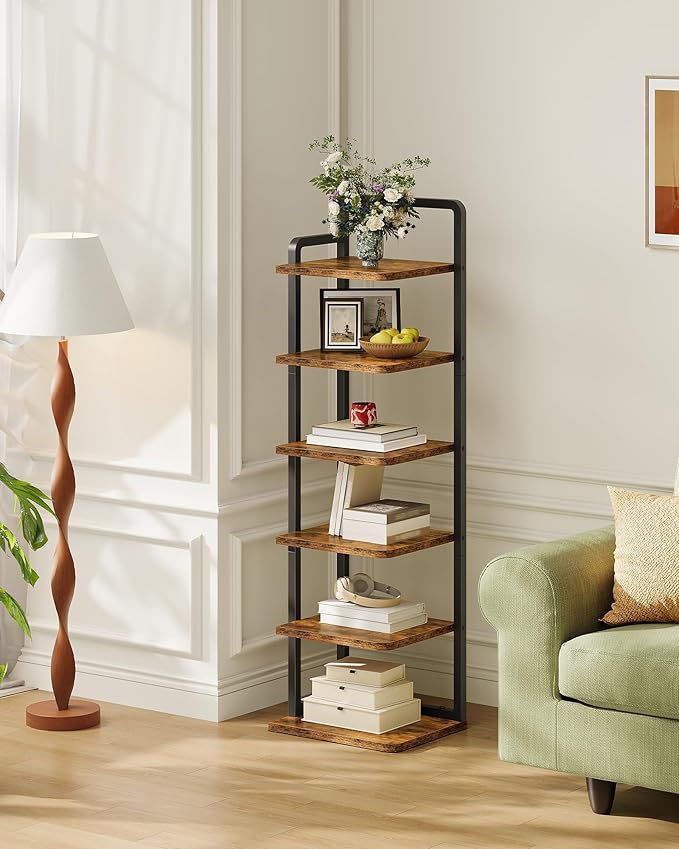 CHOEZON 6-Tier Vertical Shoe Rack, Narrow Shoe Tower, Corner Shoe Storage Organizer, Shoe Shelf, for Small Spaces, Industrial Style, for Entryway, Hallway, Living Room, Rustic Brown and Black TXJ06BF