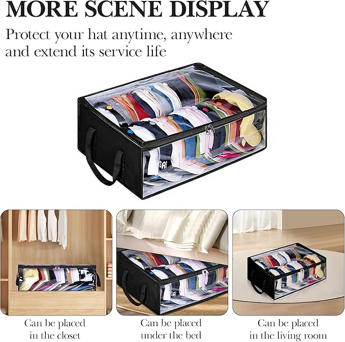 Hat Organizer for Baseball Caps, Non-Woven Wide Hat Storage Box with Handle, Large Hat Racks Holder for Bedroom Closet (Black)