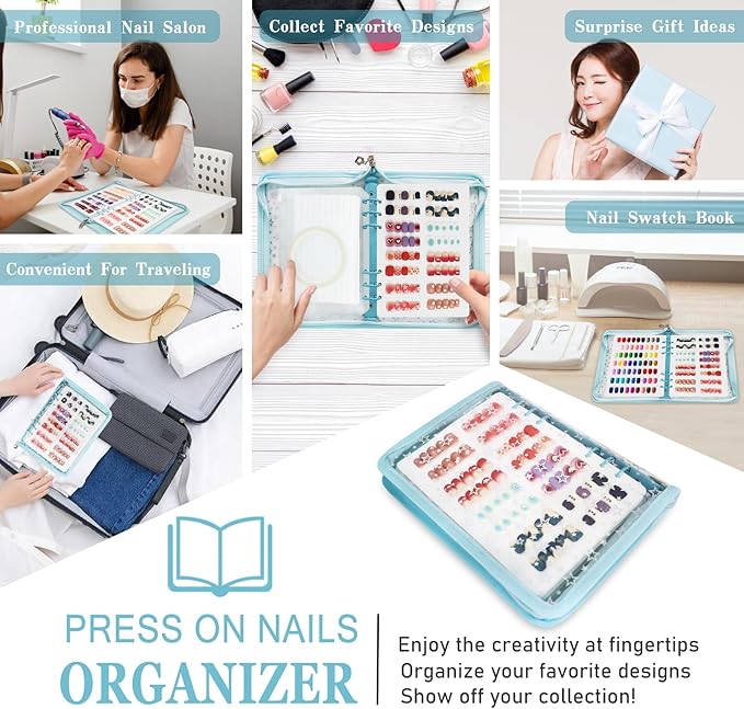 DHATMYC Press On Nail Storage Organizer Binder with 8 Insert Pages - A5 Size Reusable Fake Nail Swatch Star Collecting Book Polish Color Display Holder Container with Tape and Zipper Pocket (BLUE)