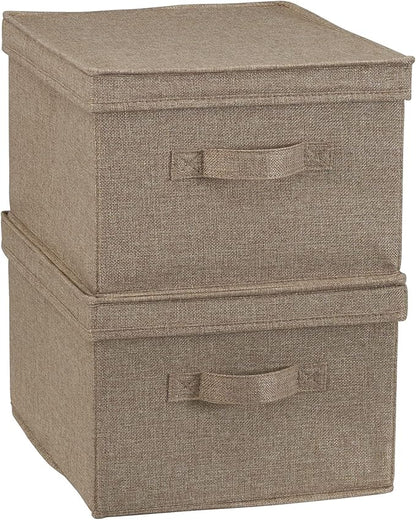 Household Essentials Large Fabric Storage Bins 2 Pack, Soft Poly Linen with Sturdy Sides, Attached Handle and Fully Removable Lid, Brown