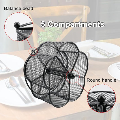 360° Rotating Silverware Utensil Caddy Holder - 5 Compartment Whirling Utensil Holder Kitchen Countertop Organizer for Spoon Fork Flatware Storage for Home or Outdoor Picnic Camping