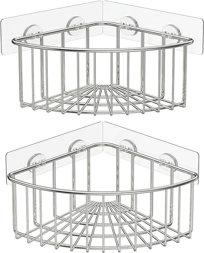 SMARTAKE 2-Pack Corner Shower Caddy Deep Basket Design, SUS304 Stainless Steel, Wall Mounted Bathroom Shelf with Adhesive, Storage Organizer for Toilet, Dorm and Kitchen (Silver)