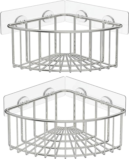 SMARTAKE 2-Pack Corner Shower Caddy Deep Basket Design, SUS304 Stainless Steel, Wall Mounted Bathroom Shelf with Adhesive, Storage Organizer for Toilet, Dorm and Kitchen (Silver)