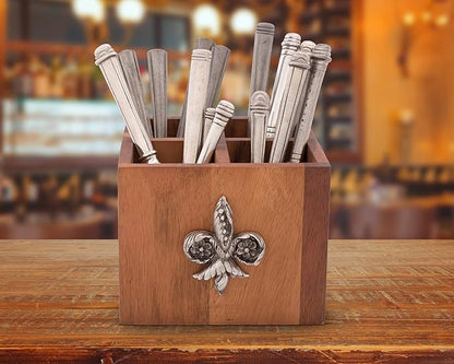 Vagabond House Square Caddy Acacia Wood Flatware/Serve ware/Utensil/Carry-All Holder with Solid Pewter Fleur de Lis Accent, 4 Compartments 7 inch x 7 inch