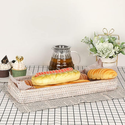 Sumnacon 16 Inch Rattan Bathroom Vanity Tray - Decorative Wicker Toilet Tank Tray for Paper Hand Towel,Vintage Storage Basket Bin for Bathroom Kitchen Toilet Tank Vanity Countertop Table Shelf,White