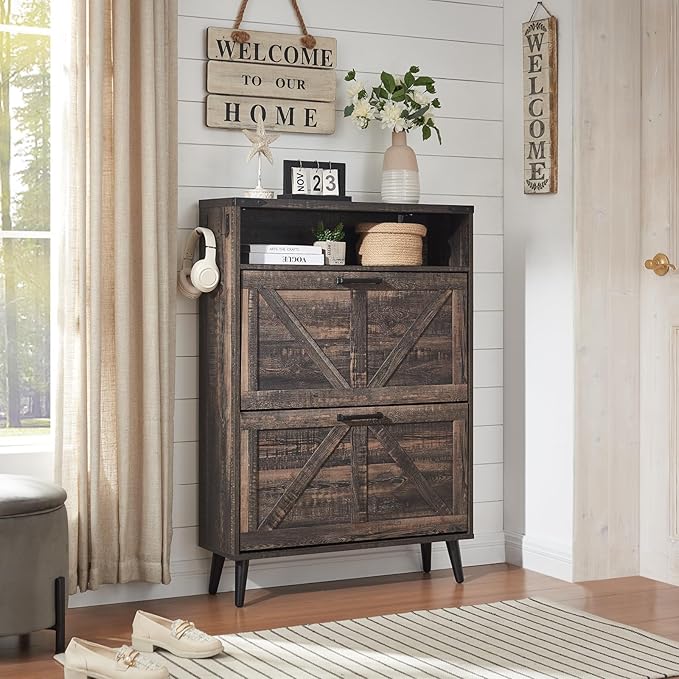 Barnyatoh Shoe Storage Cabinet,Farmhouse Shoe Organizer with 2 Flip Drawers & Barn Door Design,Freestanding Hidden Slim Narrow Shoe Rack Cabinet with Open Storage for Entryway, Foyer,Hallway, Dark oak