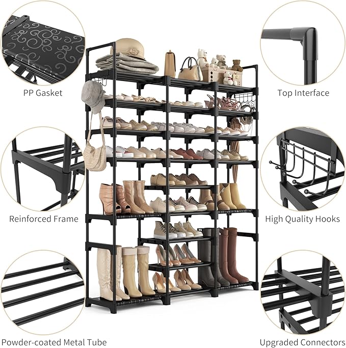 Tall Shoe Rack Organizer 9 Tiers 50-55 Pairs Large Shoe Rack for Closet Entryway Garage Big Shoe Storage with Side Hooks Black Metal Free Standing Shoe Racks Sturdy Shoe Shelf Tower