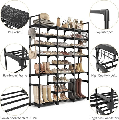 Tall Shoe Rack Organizer 9 Tiers 50-55 Pairs Large Shoe Rack for Closet Entryway Garage Big Shoe Storage with Side Hooks Black Metal Free Standing Shoe Racks Sturdy Shoe Shelf Tower
