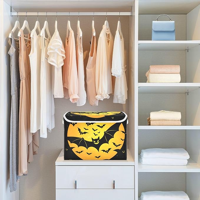 senya Halloween Storage Baskets Collapsible Storage Bins with Lids, Bat Pattern Storage Boxes Clothes Baskets for Organizing