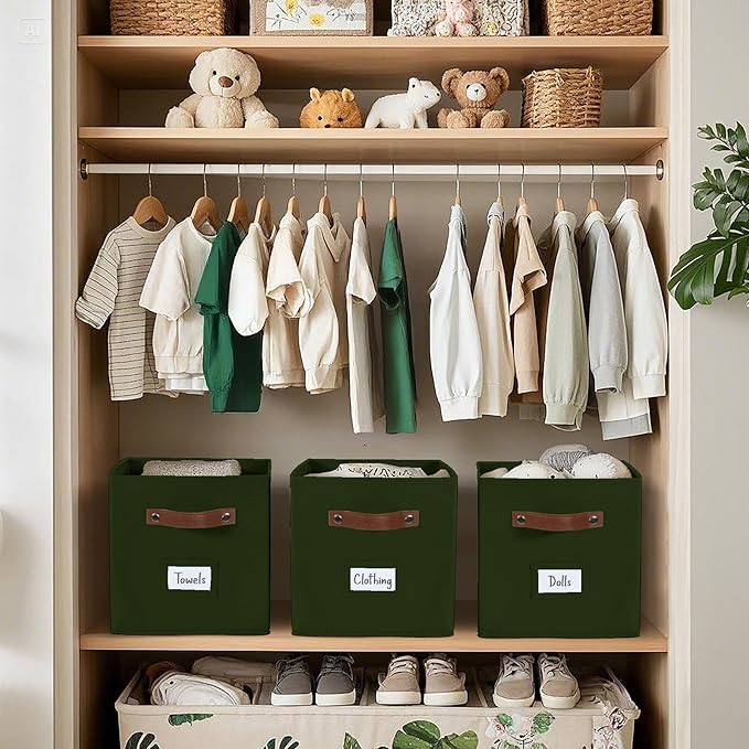 DECOMOMO Storage Cubes, 13x13x13 Storage Cube Bins with Labels, Fabric Organizer Bins (13" / 6pcs, Olive Green)