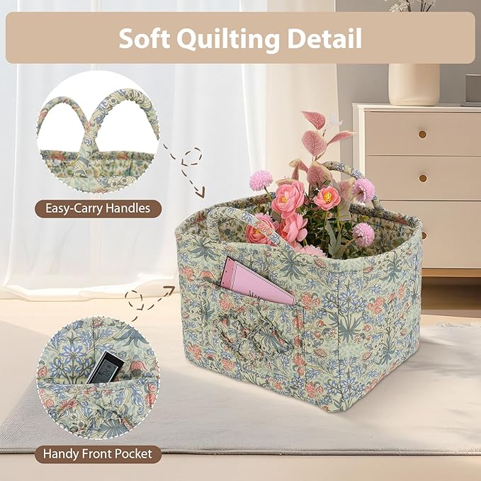 Storage Basket Boho Fabric Large Collapsible Floral Laundry Nursery Hamper Portable Folding Storage for Clothes Toys (Light Green A)